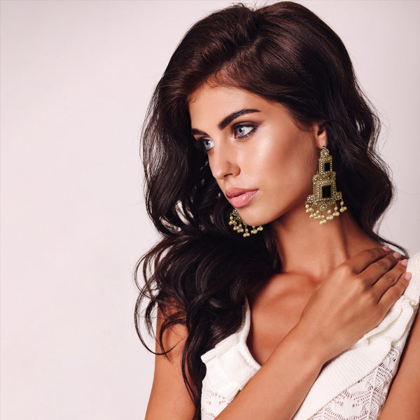 Pakistani Indian Silver Plated Black Dangle Victorian Fashion Earrings in Tiny Pearl Clusters with Zircon and Hair Chains - Duel On Jewel