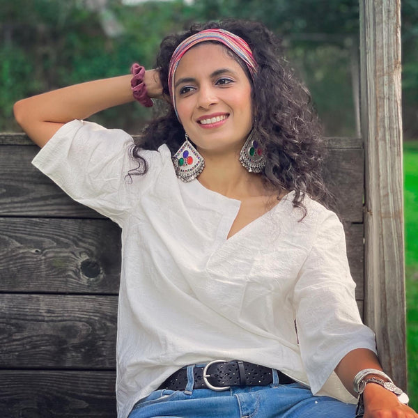 Vintage triangle dangle boho earrings with hammered metalwork and jingling beads