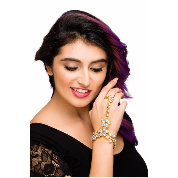 Traditional Indian Ethnic Womens Bridal Wedding Party Gold Plated Hand Piece Ornament Haath Phool Bracelet Set Attached with One Adjustable Ring in White Kundan Stone - Duel On Jewel