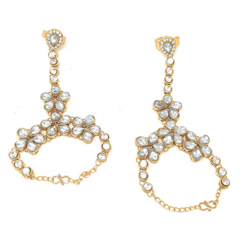 Traditional Indian Ethnic Womens Bridal Wedding Party Gold Plated Hand Piece Ornament Haath Phool Bracelet Set Attached with One Adjustable Ring in White Kundan Stone - Duel On Jewel
