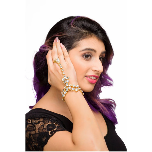 Traditional Indian Ethnic Womens Bridal Wedding Party Gold Plated Hand Piece Ornament Haath Phool Bracelet Set Attached with One Adjustable Ring in White Kundan Stone - Duel On Jewel