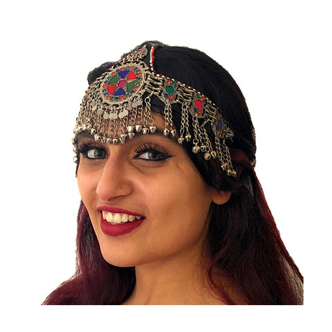 Ertuğrul Halima Turkish Kayi Tribal Afghan Kuchi Headband Ornament Jewelry In Antique Finish Bells Multicolor Stones - Duel On Jewel