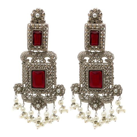 Pakistani Ethnic Silver Plated Red Dangle Victorian Fashion Earrings with Tiny Pearl Clusters Zircon and Pearl Hair Chain - Duel On Jewel