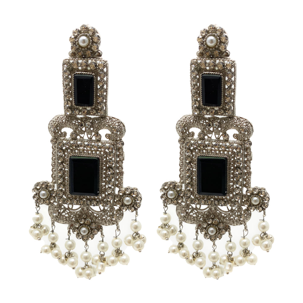 Pakistani Indian Silver Plated Black Dangle Victorian Fashion Earrings in Tiny Pearl Clusters with Zircon and Hair Chains Duel On Jewel