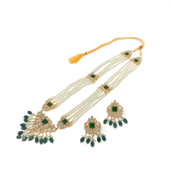 Indian Pakistani Womens Multi Strand Pearl Long Rani Haar Pendant Necklace with Dangle Earrings in Green Gift Set - Duel On Jewel