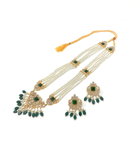 Indian Pakistani Womens Multi Strand Pearl Long Rani Haar Pendant Necklace with Dangle Earrings in Green Gift Set - Duel On Jewel