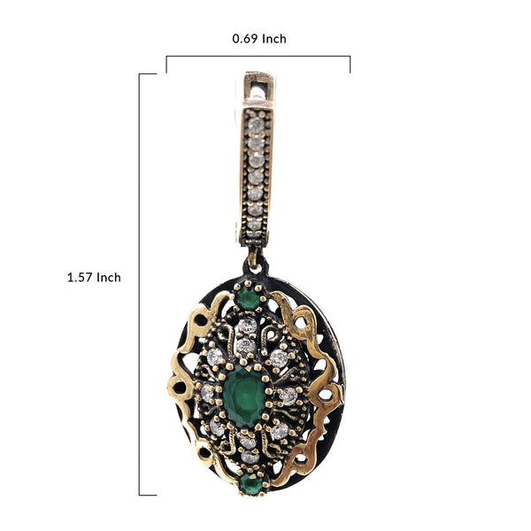 925 Sterling Silver Women's Oxidized Accented Teardrop Dangle Earring and Pendant Turkish Jewelry in Green Zircon Gift Set - Duel On Jewel