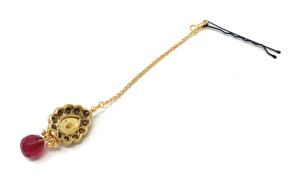 Ethnic Indian Forehead Traditional Kundan CZ Gold Plated Handmade Red Drop Maang Tika Party Wedding For Women Girls - Duel On Jewel