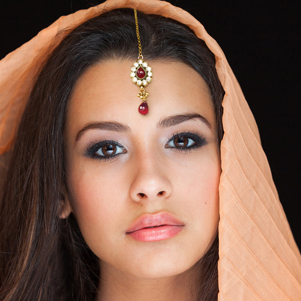 Ethnic Indian Forehead Traditional Kundan CZ Gold Plated Handmade Red Drop Maang Tika Party Wedding For Women Girls - Duel On Jewel