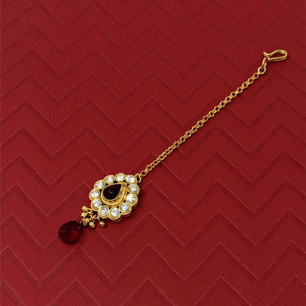 Ethnic Indian Forehead Traditional Kundan CZ Gold Plated Handmade Red Drop Maang Tika Party Wedding For Women Girls - Duel On Jewel