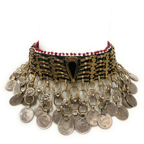 Handmade Afghan tribal coin choker necklace with oxidized silver metal and multicolor stones