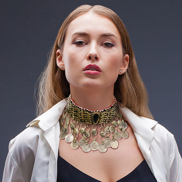 Tribal Coin Necklace in Multicolor Stones 