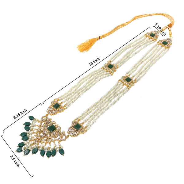 Indian Pakistani Womens Multi Strand Pearl Long Rani Haar Pendant Necklace with Dangle Earrings in Green Gift Set - Duel On Jewel