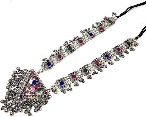 Handmade Afghan tribal necklace with oxidized metal triangle pendant and multicolor stones