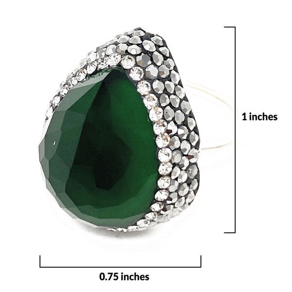 Turkish Silver Rhodium Ottoman Sultan Womens Cocktail Teardrop Adjustable Ring Size 6 to 8 in Green Zircon and Accents - Duel On Jewel
