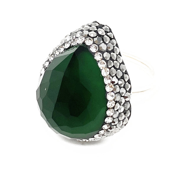 Turkish Silver Rhodium Ottoman Sultan Womens Cocktail Teardrop Adjustable Ring Size 6 to 8 in Green Zircon and Accents - Duel On Jewel