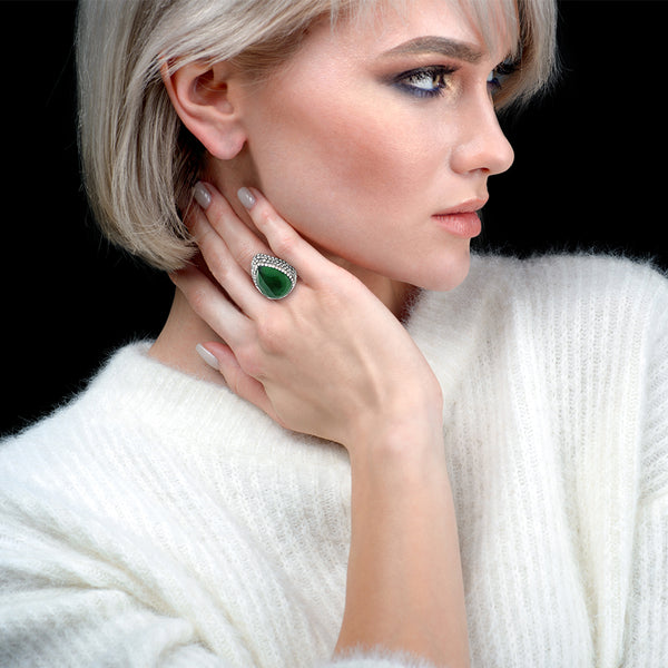 Turkish Silver Rhodium Ottoman Sultan Womens Cocktail Teardrop Adjustable Ring Size 6 to 8 in Green Zircon and Accents - Duel On Jewel