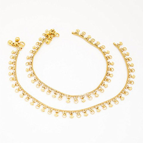Gold Tone Plated Dainty Womens Indian Payal Bells Anklet Set For Everyday Party Beach Wear - Duel On Jewel