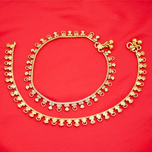 Gold Tone Plated Dainty Womens Indian Payal Bells Anklet Set For Everyday Party Beach Wear - Duel On Jewel